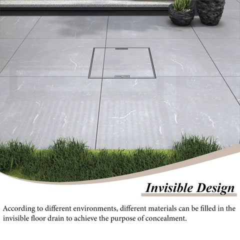 Discreet Backyard Septic Tank Lid 30 By 30 Inch Catch Basin Cover installed in gray tiles with grass, showing invisible drain design.