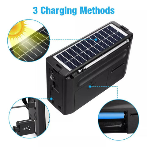 Solar Portable FM AM SW Radio Bluetooth Speaker MP3 Player with Rechargeable Battery LED Flashlight All In One showing solar panel