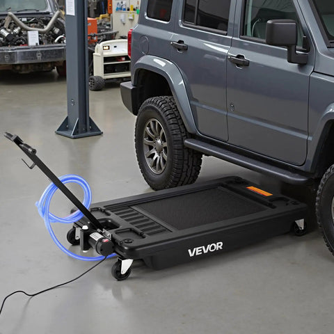 Low Profile Oil Drain Pan 17 Gallon Tank With Electric Pump And Flex Hose For Trucks Atvs Leak Proof Fluid Extractor under vehicle.
