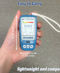 APOWER Geiger counter radiation detector, handheld blue plastic body with LCD display and white lanyard.