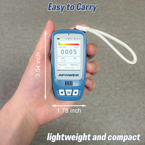 APOWER Geiger counter radiation detector, handheld blue plastic body with LCD display and white lanyard.