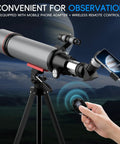 High Powered Portable Astronomy Telescope for adults and newbies with 90mm aperture and phone adapter on tripod showcasing planetary view