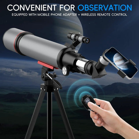 High Powered Portable Astronomy Telescope for adults and newbies with 90mm aperture and phone adapter on tripod showcasing planetary view