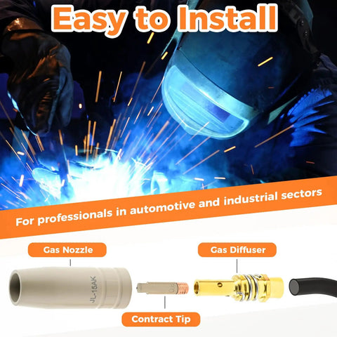 Heavy Duty 14 Pcs Set Of 0.8mm KP1939 Mig Welding Ceramic Nozzle Tips With Non Stick Coating, gas nozzle and contract tip in use.