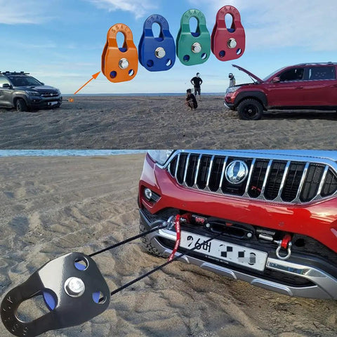 Heavy Duty Snatch Block Pulley for Winches with Synthetic Rope Compatibility and 29000 Lbs Max Load, shown in off-road recovery use.