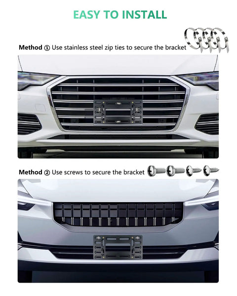 Universal Front License Plate Mount Bracket with Copper Threaded Inserts shown with zip ties and screws on car bumpers.
