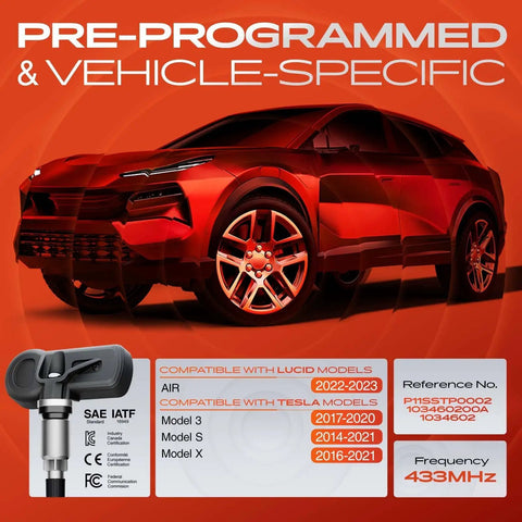 4 Pack Pre Programmed TPMS Sensors For Tesla Model 3 2017 2020, Model S 2014 2021, Model X 2016 2021 And Lucid Air 2022 2023, 433 MHz