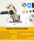 Super Heavy Duty 250W Electric Fabric Cutter With Pure Copper Motor For Leather Cloth And Textiles with specifications shown.