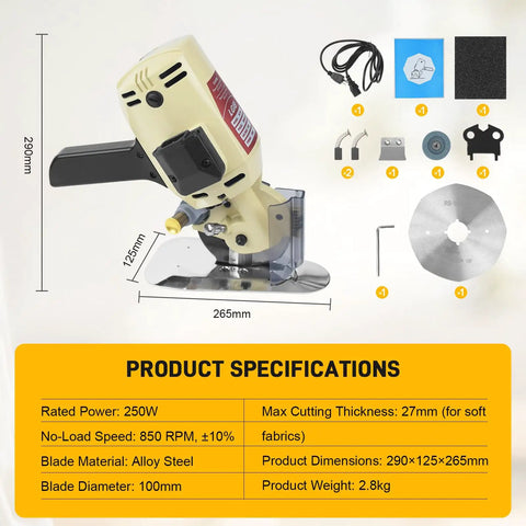 Super Heavy Duty 250W Electric Fabric Cutter With Pure Copper Motor For Leather Cloth And Textiles with specifications shown.