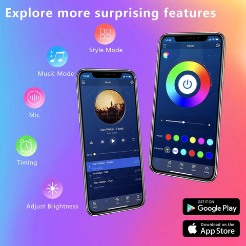 Mobile app interface for Five Volt LED Strip Lights 100 Feet Dope Color Changing With Music Sync Bluetooth Remote Control Built In Microphone.