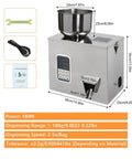 Top Shelf Automatic Filling Machine For Grains And Seeds Straight Up Fast Two To Five Second Bag Packing For Coffee Beans And Spices Dead On One Hundred Gram Dispenser Built Heavy Duty, showing unit dimensions and components.