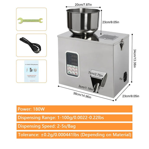 Top Shelf Automatic Filling Machine For Grains And Seeds Straight Up Fast Two To Five Second Bag Packing For Coffee Beans And Spices Dead On One Hundred Gram Dispenser Built Heavy Duty, showing unit dimensions and components.