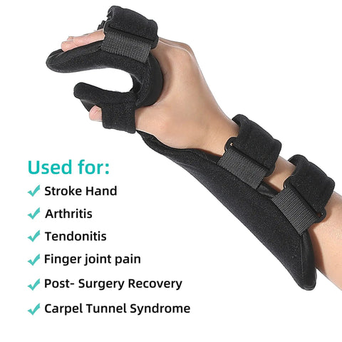 All Day Comfort Resting Hand Splint For Night Immobilization And Wrist Support To Aid Stroke Recovery Flexion Contractures And Muscle Atrophy Rehab Arthritis Tendonitis Right Hand Medium Fit showing adjustable straps and used for various conditions.