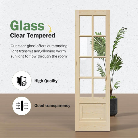 Double 24x84 Inch Clear Glass French Interior Doors With 8Ft Barn Door Hardware Kit Included, preassembled spruce wood, front view