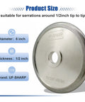 Pro CBN Grinding Wheel For Sharpening Bread Knife Serrations With Steel Adapter Arbor Reliable Rotary Tool Fit For Fast Kitchen Chopping And Sharp As A Tack Edges All Day Long, 6 inch diameter, 1/2 inch thickness, UF-SHARP brand.