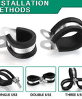 Half Inch Stainless Steel Rubber Coated Pipe And Wire Clamps Kit, 30 Pieces, Black, 13mm P Clamps with installation methods shown