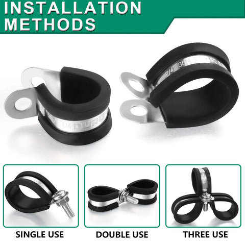 Cable clamps set, black rubber-coated stainless steel, 3/8 in (10 mm), automotive/pipe wire clamps, 30 pcs