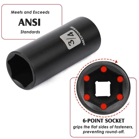 3/8 Inch Drive Deep Impact Socket 6-Point 49 Piece SAE And Metric Sizes 5/16 To 3/4 Inch ANSI standard Cr-V steel socket