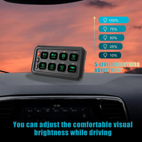 8 Gang Switch Panel With Wireless Remote And RGB Backlit Multifunction Toggle shown in vehicle with 5-level brightness adjustment