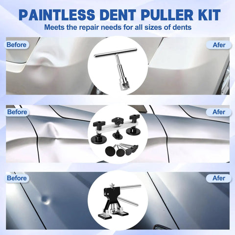 All In One 140 Piece Car Dent Removal Kit With T Bar Slide Hammer Bridge Puller Dent Lifter Suction Cups Glue Gun Tap Down Pen 100 Plus Puller Tabs For Easy DIY Dent Repair Of Dents Hail Damage And Door Dings, before-after tools