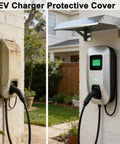 Heavy Duty EV Charger Weather Canopy Cover With Sloped Stainless Steel Top To Beat The Storms, showing two chargers on a wall.