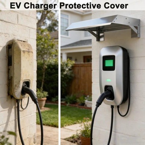 Heavy Duty EV Charger Cover With Sloped Stainless Steel Roof, wall-mounted, protecting wall outlet from rain and snow.
