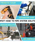 Collage of pneumatic tools and air equipment: nailer, automotive shop setup, pressure regulator, air compressor