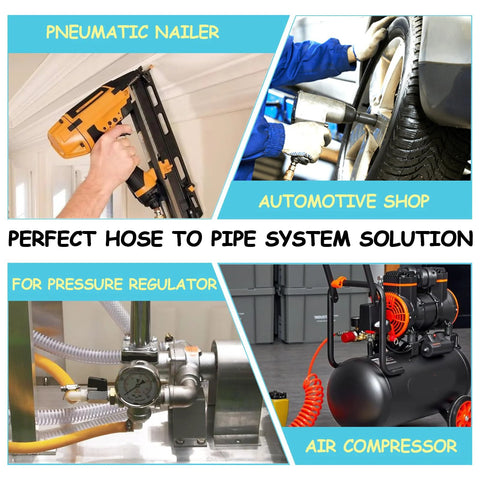 Collage of pneumatic tools and air equipment: nailer, automotive shop setup, pressure regulator, air compressor
