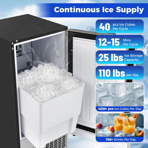 15 Inch Under Counter Commercial Ice Maker Produces 110 Lbs Of Ice Daily With 25 Lb Storage Capacity showcasing ice storage bin filled with ice.