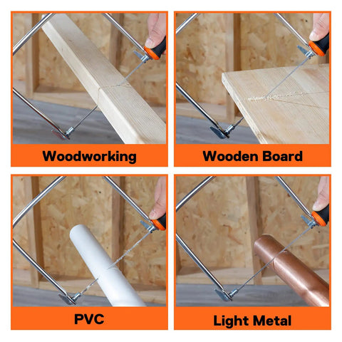 Coping Saw Kit With Frame And Two Extra Six And A Half Inch Blades, 15TPI High Speed Steel Blades cutting wood, PVC, and metal.
