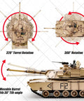 1 By 16 Scale M1A2 Abrams RC Tank With Realistic Sound And Lights showing turret rotation and barrel tilt features