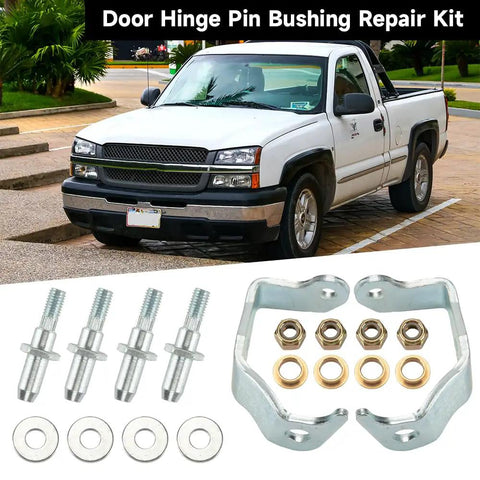 Beefed Up Front Door Hinge Pin Bushing Kit For GMC Sierra Trucks 1999 To 2006 Fits 1500 2500 3500 Series And HD Models, Replaces Worn Pins And Bushings, Easy Install, Durable Replacement Hardware. Door hinge pin bushing repair kit with pins, bushings, washers, and brackets for GMC Sierra truck