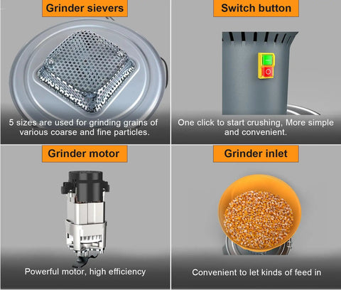 Electric Grain Mill Grinder 1000W with detachable hopper, motor, switch, sieves, and inlet. Grind grains, spices, beans at home or farm.