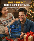 Man showing 160 In 1 Mini Electric Cordless Screwdriver Kit with 140 S2 Magnetic Bits and case, holiday background