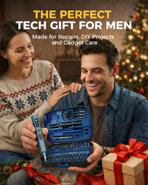 Man showing 160 In 1 Mini Electric Cordless Screwdriver Kit with 140 S2 Magnetic Bits and case, holiday background
