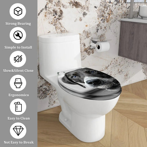 Toilet Seat Cover Elongated White Resin Bathroom Decor with a dog design on a toilet in a modern bathroom setting.