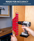 Two In One Cabinet Jig With Eleven Hole Shelf Pin Guide And Concealed Hinge Drill Template, all-metal, used on wood cabinet.