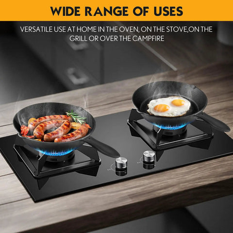 Two cast iron skillets from Three-Piece Cast Iron Skillet Set With 6 Inch, 8 Inch, And 10 Inch Pans Includes Cleaning Scraper And Dish Sponge Oven And Stovetop Safe Cookware Black Edition on stovetop cooking eggs and sausages