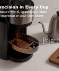 Espresso and Pour Over Coffee Scale with 0.1g Precision, walnut wood, digital LED display, coffee measurement in kitchen setup