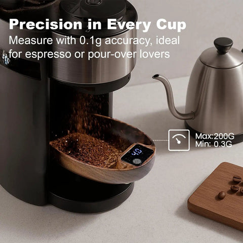 Espresso and Pour Over Coffee Scale with 0.1g Precision, walnut wood, digital LED display, coffee measurement in kitchen setup