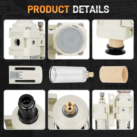 Close-up details of 3/8 Inch NPT FRL Air Filter Regulator Lubricator Unit with Semi Auto Drain and Pressure Gauge