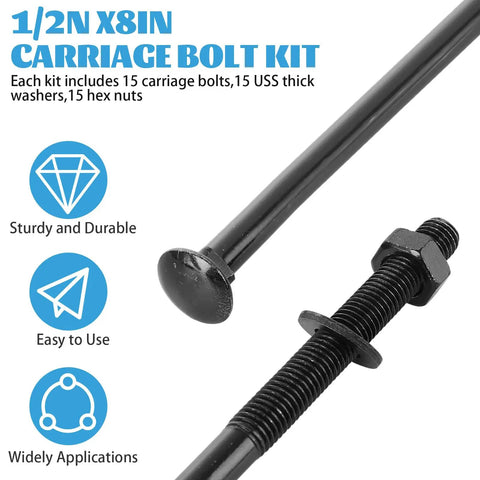 Beefy Black Carriage Bolt Kit Heavy Duty One Half Inch Diameter Eight Inch Length Includes Twelve Bolts Twelve Washers Twelve Nuts Galvanized