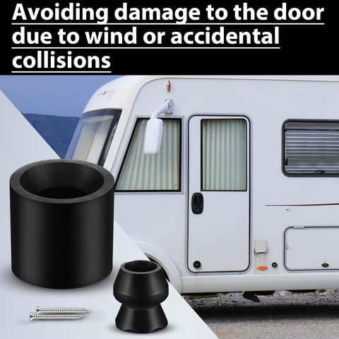 Low Profile Trailer Door Holder Kit With Rubber Bumpers Four Sets for RVs, showing components and camper door.