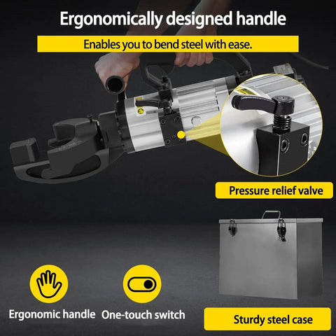 Ergonomic handle of MXJCKSOQ Electric Hydraulic Rebar Bender for easy steel bending, showcasing pressure relief valve and sturdy steel case.