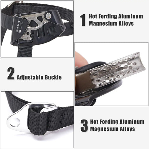 Foot Ascender Gear For Climbing And Rappelling Lightweight Aluminum Alloy With Left Black Handle and adjustable buckle.