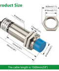 Capacitive Proximity Sensor Switch M18 3 Wire NPN Normally Open DC 10 to 30V 300mA Detecting Distance 10mm No-Drill Tank Monitoring Through Plastic or Glass Containers, threaded metal body with blue cap and size chart