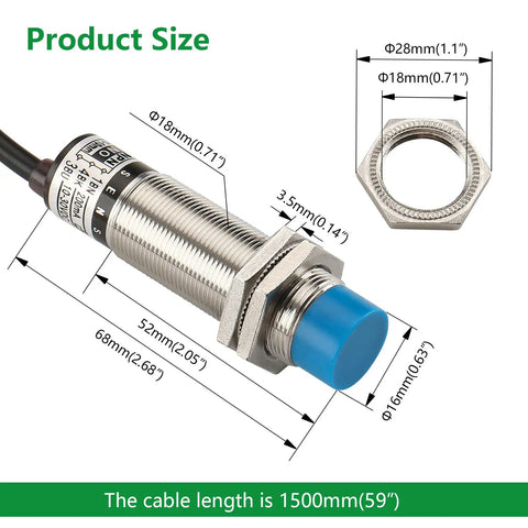 Capacitive Proximity Sensor Switch M18 3 Wire NPN Normally Open DC 10 to 30V 300mA Detecting Distance 10mm No-Drill Tank Monitoring Through Plastic or Glass Containers, threaded metal body with blue cap and size chart