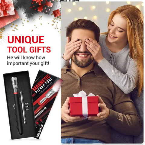 Woman gifting a boxed LED Telescoping Magnetic Pickup Tool Set For Hard To Reach Places to a smiling man for a special occasion.