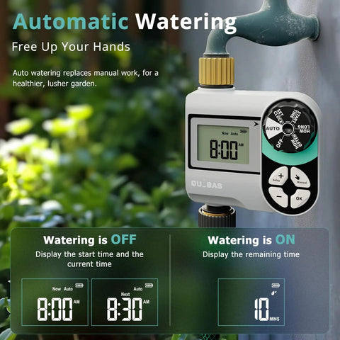 Brass Sprinkler Timer for Garden Hose Faucet with Waterproof HD Screen, showing programmable settings and rain delay function.