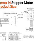 YEJMKJ Nema 14 stepper motor technical drawing showing side/front views, shaft size, dimensions, and 4-wire cable.